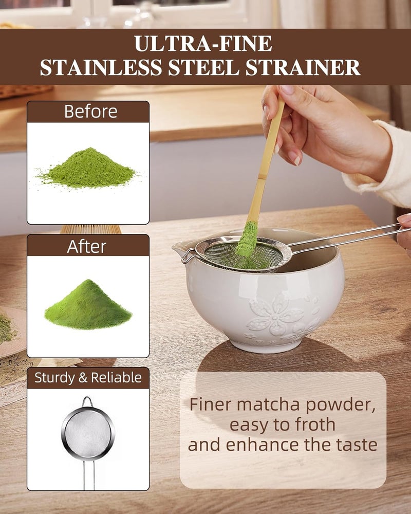 Zens Matcha Whisk Set, Ceramic Matcha Set Includes 15oz Sakura Bowl, Bamboo Whisk & Chasen Holder, Scoop & Sifter-Tea Towel, 6pcs Matcha Kit for Matcha Lovers, White - Image 3